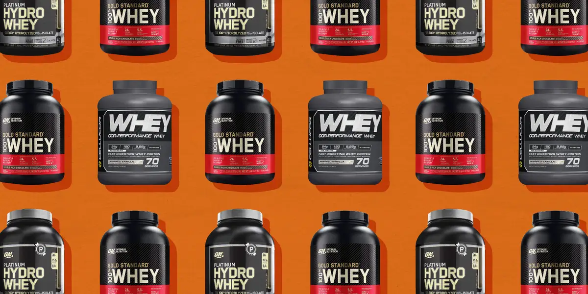 A showcase of different whey protein powder brands.