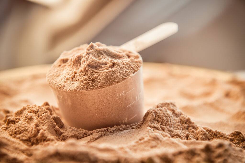 A zoomed image of whey protein powder in a scoop.