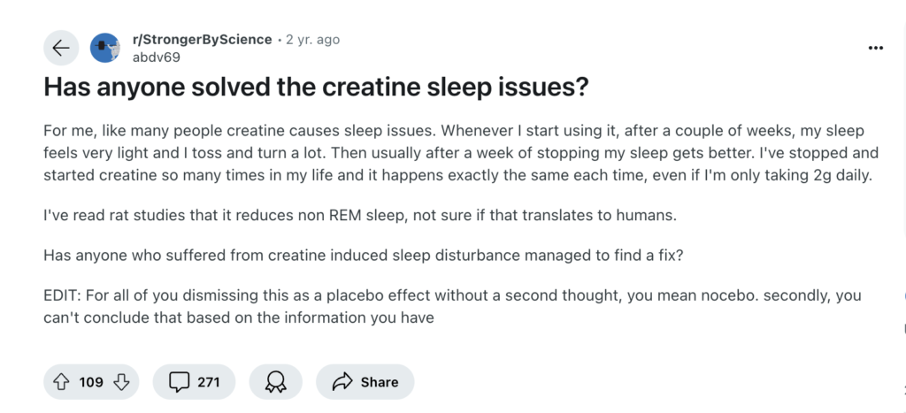 Reddit post discussing creatine-induced sleep issues and potential solutions