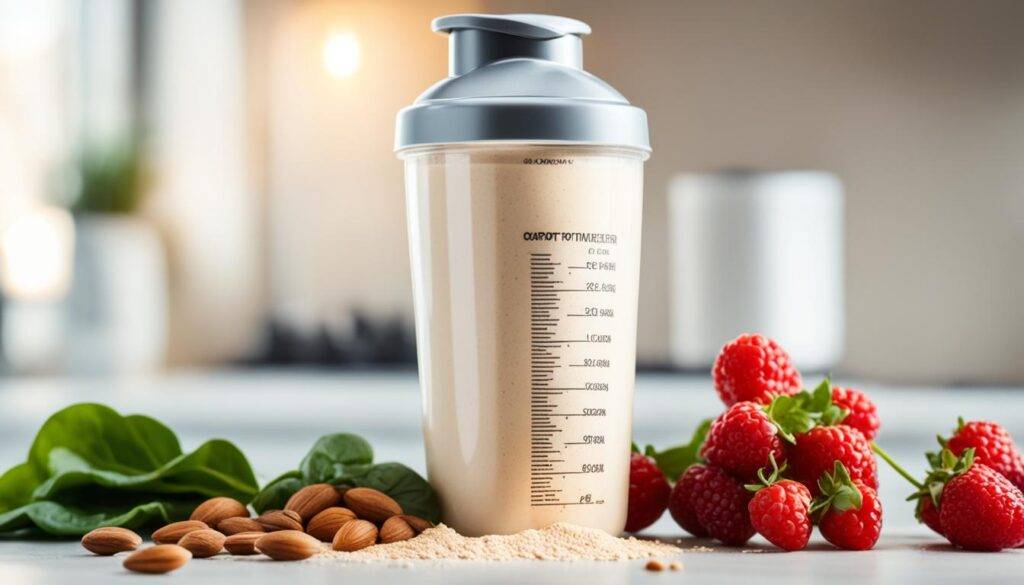 A close-up view of a shaker bottle filled with lactose-free protein powder. 