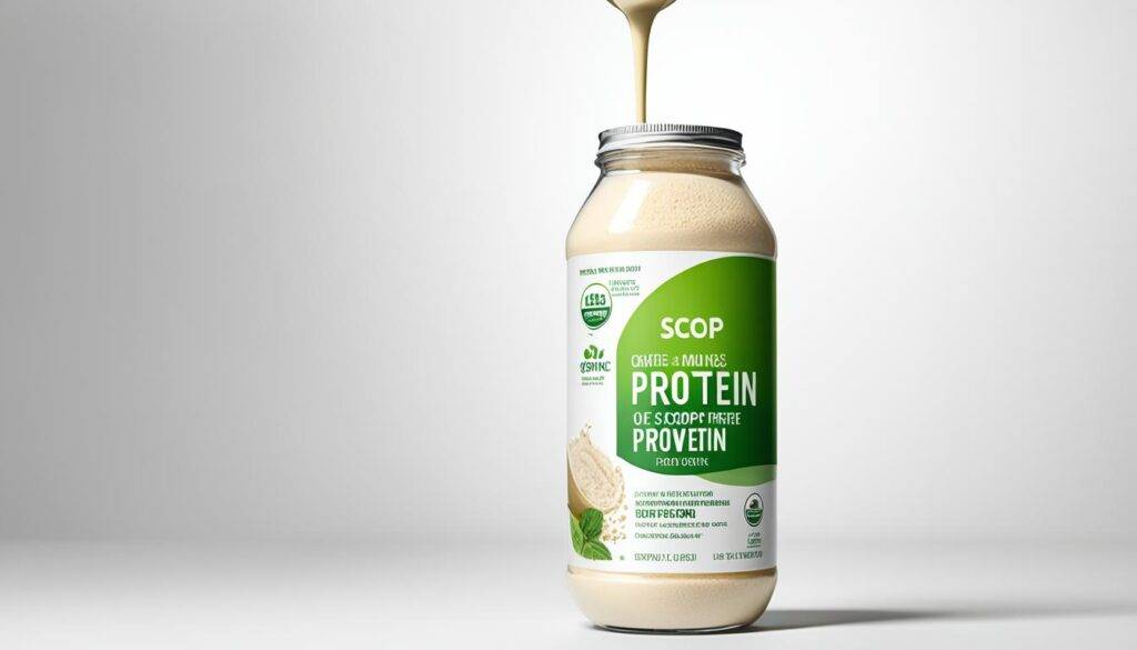 An image of a scoop of protein powder being poured into a glass with a lactose-free label prominently displayed. 