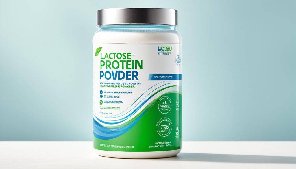 A sleek and modern container of lactose-free protein powder stands on a white background. The container is transparent with a silver lid and label featuring green and blue branding. A scoop of powder sits neatly on top of the lid, revealing the fine texture of the powder inside. In the background, blurred images of people exercising can be seen, suggesting that this protein powder is perfect for those with lactose intolerance who want to stay fit and healthy.