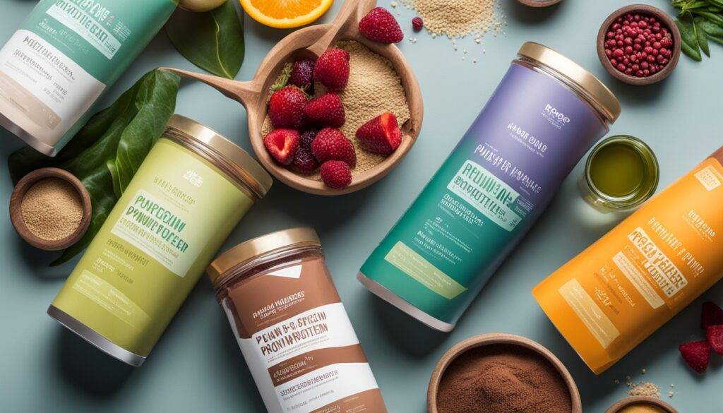 A variety of colorful plant-based protein powders lined up on a sleek, modern countertop. Each powder is contained in a minimalist, eco-friendly package adorned with bold, simple typography highlighting the product's key features. The powders themselves are composed of different combinations of plant-based ingredients, such as pea protein, brown rice protein, and hemp protein, each with its own unique hue and texture. In the background, vibrant images of fresh fruits and vegetables suggest the wholesome and nutritious properties of these plant-based protein powders.