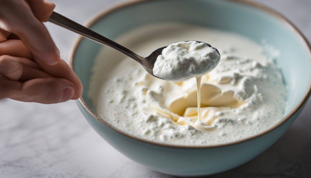 A clear glass bowl filled with creamy white yogurt, with a scoop of protein powder being gently sprinkled on top. The powder should be depicted as slowly mixing into the yogurt, creating a swirling pattern of tiny white specks. The spoon used to mix the two together should be partially visible, with a few drops of yogurt dripping off of it.