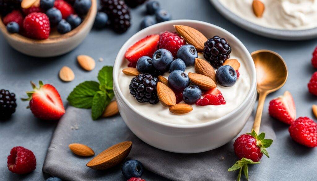 A spoonful of creamy, thick Greek yogurt with a sprinkle of protein powder on top, surrounded by fresh berries and sliced almonds. The lighting is soft and natural, highlighting the textures and colors of the ingredients.