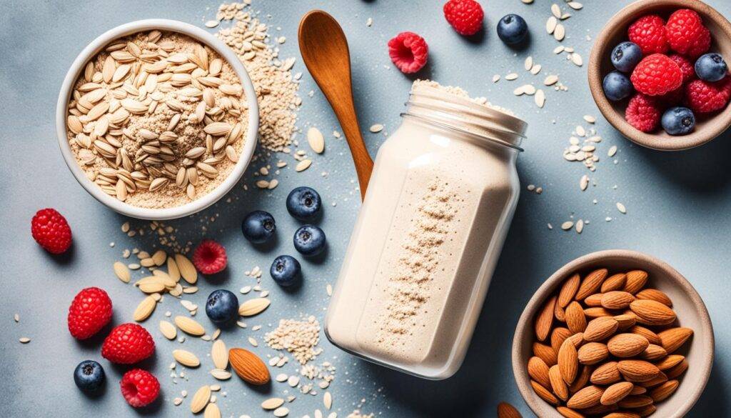 An image of a lactose-free protein powder container with a spoonful of powder pouring out, surrounded by ingredients like almonds, oats, and berries.