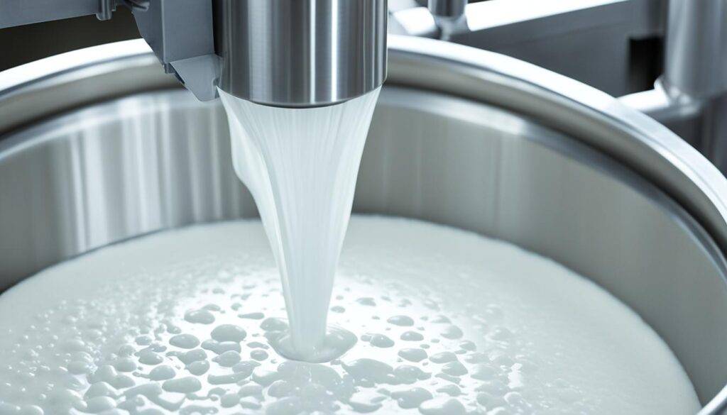 A close-up view of a stainless steel machine processing fresh milk into liquid form. The liquid is then being separated from the solids using a centrifuge machine. The clear liquid is collected in a container and passed through a series of filters until it becomes a crystal-clear liquid. Finally, the liquid is spray-dried into fine powder particles with a swirling motion.