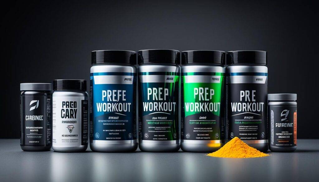 A group of eight different low caffeine pre-workout products arranged in a circle on a dark grey background. Each product is represented by its packaging and the name of the product is written underneath it. The arrangement is visually appealing, with each product placed equidistantly from one another. The lighting is bright and evenly distributed, showcasing each product in detail.