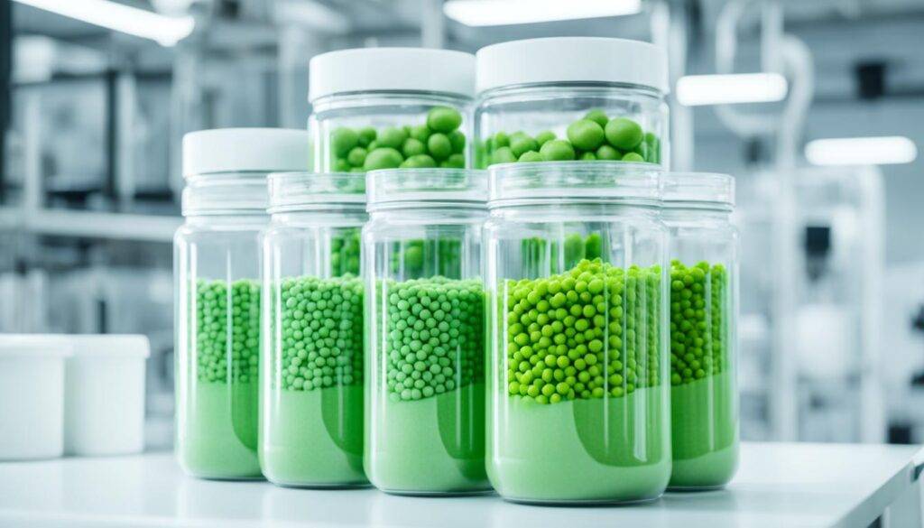 Show pea protein powder being created from fresh peas in a high-tech factory. Highlight the process of separating the protein from the starch and fiber, using advanced machinery and technology. Emphasize the natural origin of the protein by including images of the pea plant and highlighting the green color of the powder. Show the powder being packaged in sleek, modern containers to emphasize its quality and market appeal.