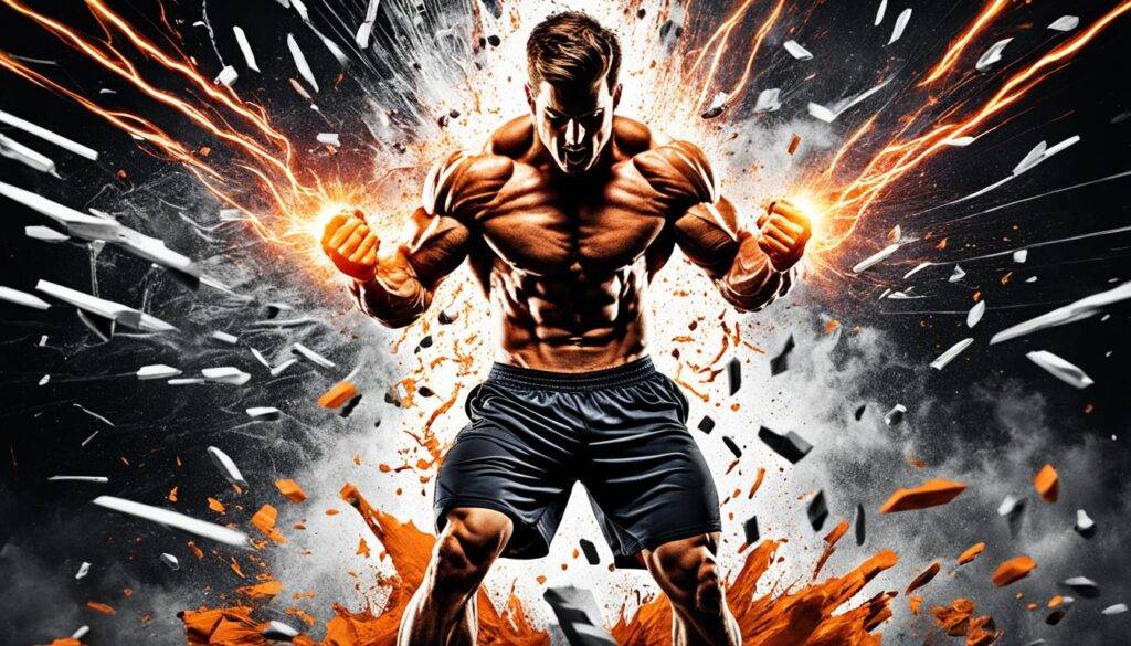 Create an explosive image of energy and power, with fiery hues and intense contrasts that reflect the unstoppable endurance of the Chaotic Rage pre-workout supplement. Use dynamic shapes and bold lines to convey a sense of strength and speed, and incorporate elements like lightning bolts, explosions, or crashing waves to suggest the raw power of the product. Make sure the image captures the chaotic energy and intense focus that athletes need to conquer any challenge, whether they're lifting weights, running marathons, or pushing their limits in any other activity.