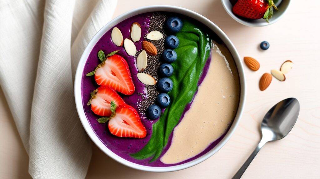 Colorful smoothie bowl topped with fruit and a scoop of protein powder