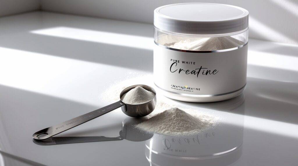 A product shot of a container of creatine powder on a clean, white surface next to a measuring scoop filled with white creatine powder. Natural lighting, soft shadows.