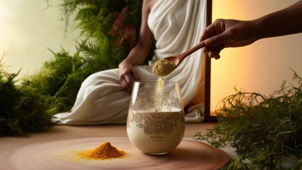 Hand stirring Ayurvedic protein powder into a glass of liquid
