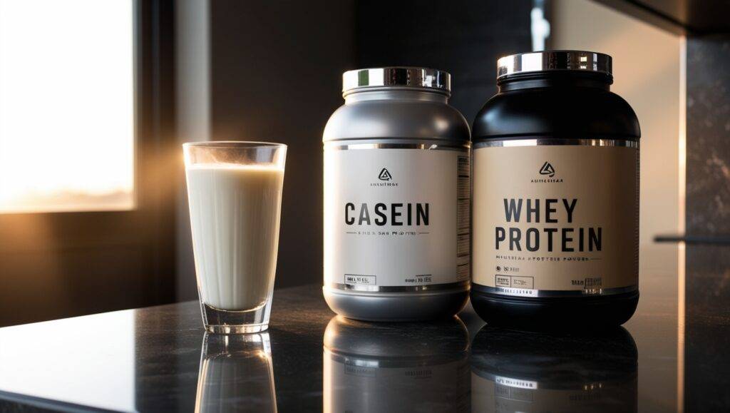 A serene glass of milk beside two containers of casein and whey protein powder on a dark granite countertop, illuminated by soft morning light.