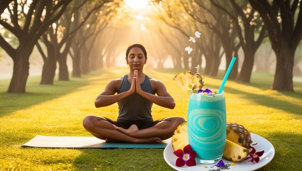  Person doing yoga pose beside Ayurvedic protein smoothie
