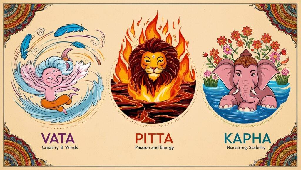 Infographic of Vata, Pitta, and Kapha doshas with their traits