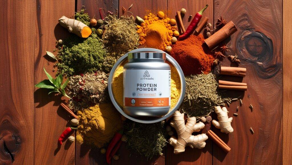 Ayurvedic protein powder surrounded by colorful herbs and spices