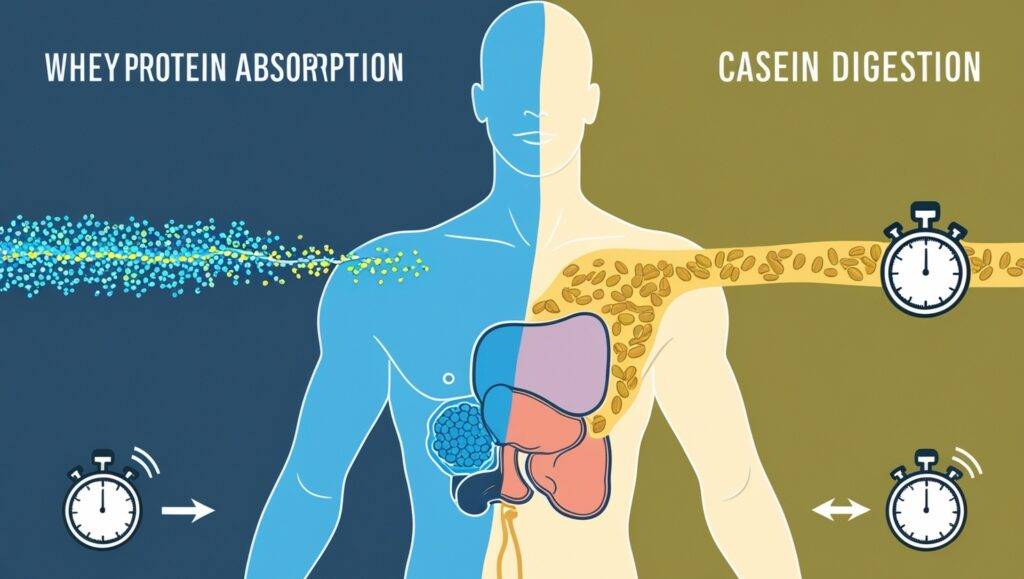 Visual comparison of whey and casein protein digestion speeds in human body