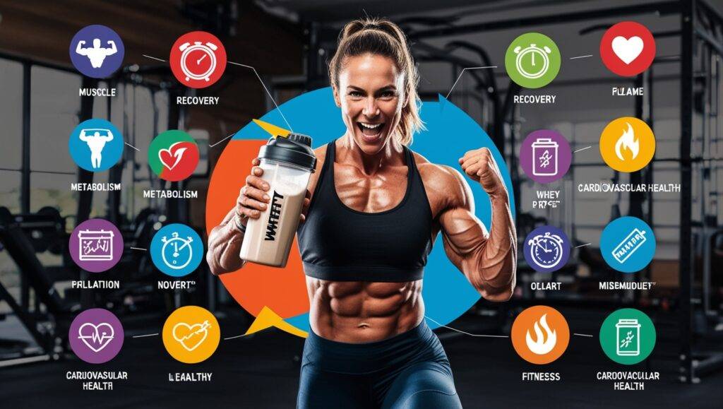 Fit person holding whey protein shaker, surrounded by icons representing health benefits