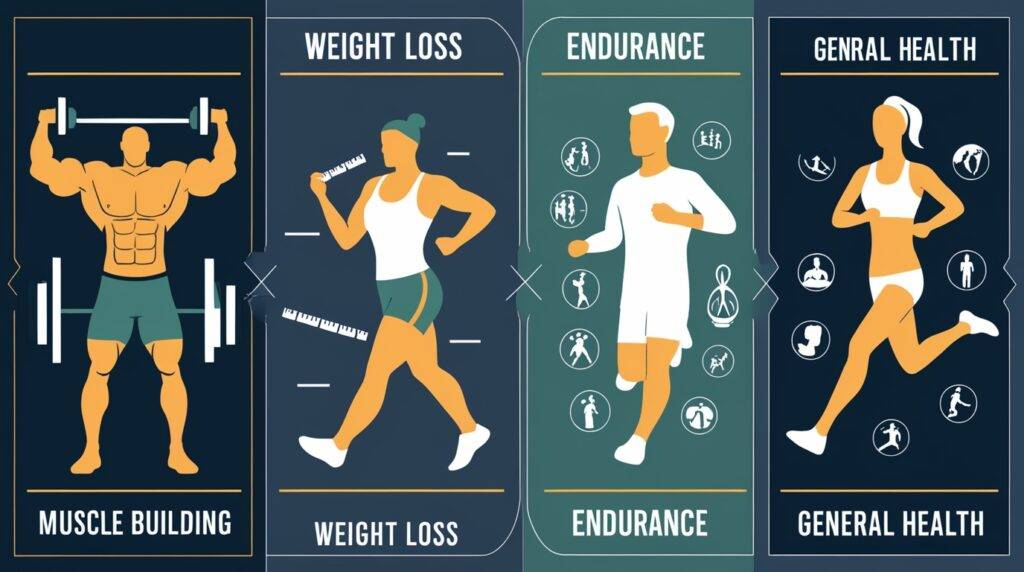 Infographic showing protein powder choices for different fitness goals: muscle building, weight loss, endurance, and general health