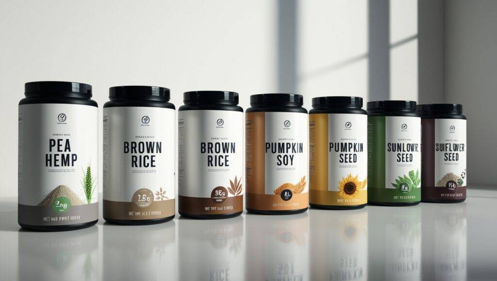 Seven containers of different plant-based protein powders