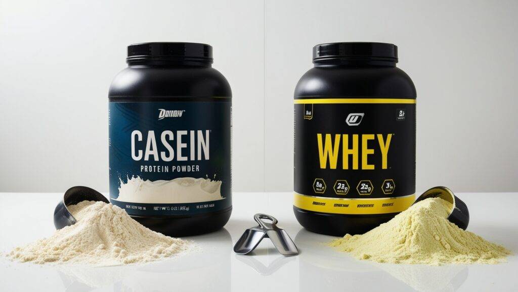 Two open protein powder containers, one labeled Casein and one Whey, with scoops beside them showing different powder consistencies.