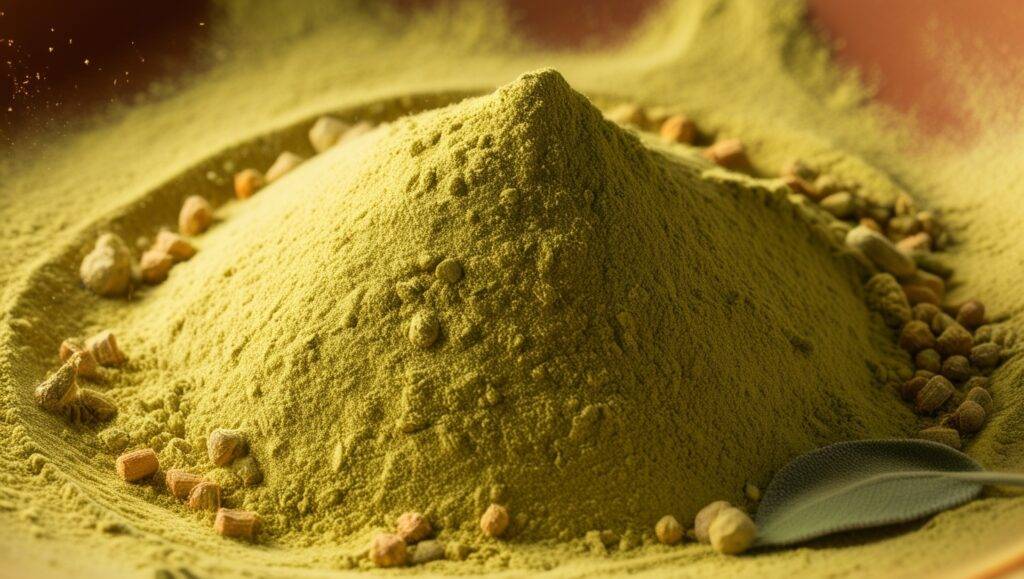 Detailed view of Ayurvedic protein powder showing herb particles
