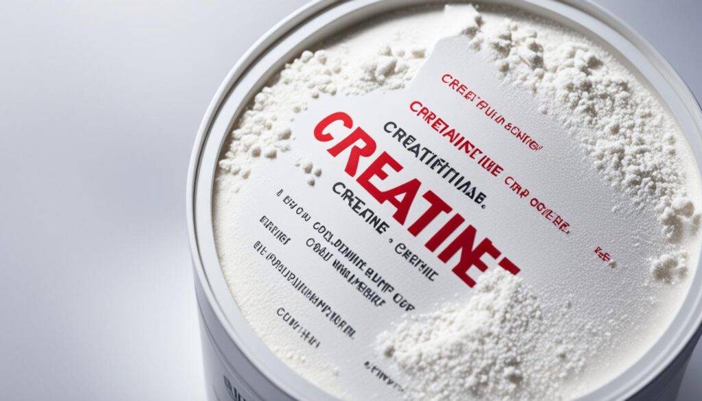 A close-up view of a white, cylindrical container with a red label that features the word "Creatine" in bold letters. The container is set against a plain background with subtle lighting that highlights its glossy surface. The container is partially opened, revealing a mound of white, powdery substance inside. Some of the powder has spilled out onto the lid and is visible on the container's edge.