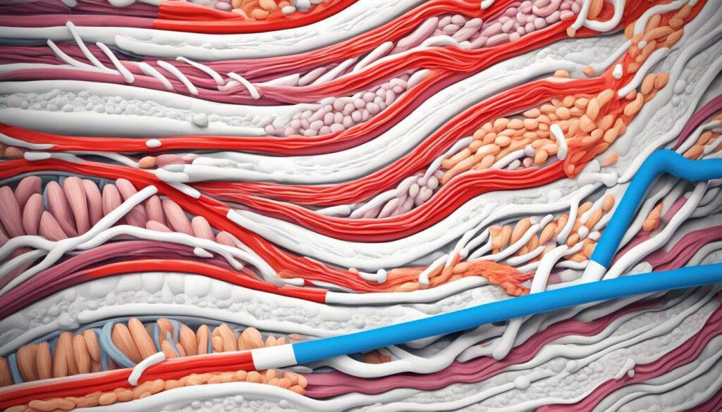 Illustration of muscle fibers being repaired and growing with casein and whey proteins, set in a gym environment