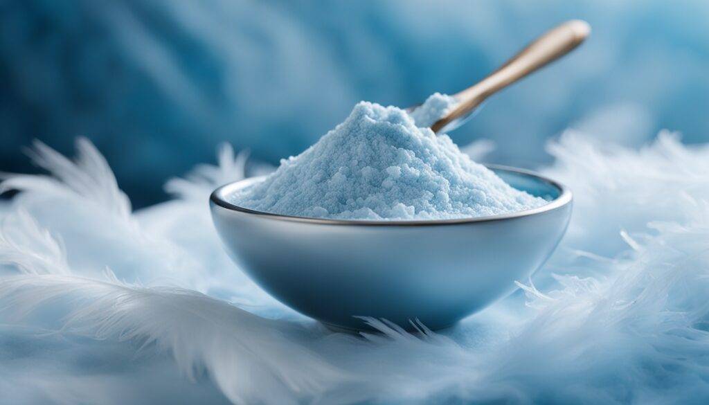 Protein powder scoop dissolving into a thick liquid on soft blue feathers surrounded by mist