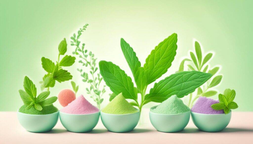 An abstract image that conveys the concept of "stevia" without using any text or narrative characters. Use soft, pastel colors and organic shapes to represent the natural origin of stevia. Include a few small, artificial-looking elements in the design to highlight the fact that stevia is often used as a sugar substitute in processed foods. Avoid using any images of plants or sweeteners directly, instead creating a more nuanced representation of the concept through visual metaphor.