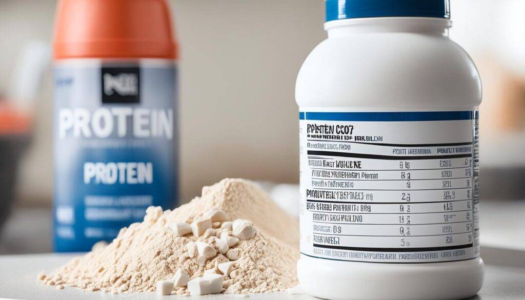 A scoop of protein powder inside a shaker bottle with an expiration date label next to it. The powder appears dry and clumpy, with some particles sticking to the sides of the container. In the background, a blurry image of a person working out can be seen.