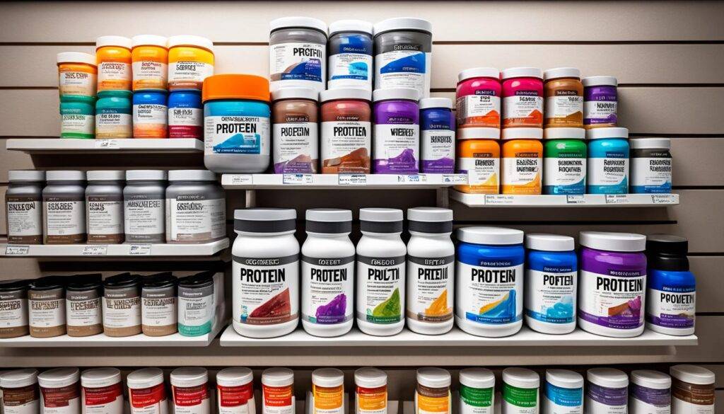 An image of different types of protein powder containers arranged on a shelf, each with a different expiration date label showing the shelf life. Vibrant colors differentiate between the types of protein powders. A magnified view of the powder inside each container highlights the composition and texture. Realistic shading and lighting enhance the overall look.