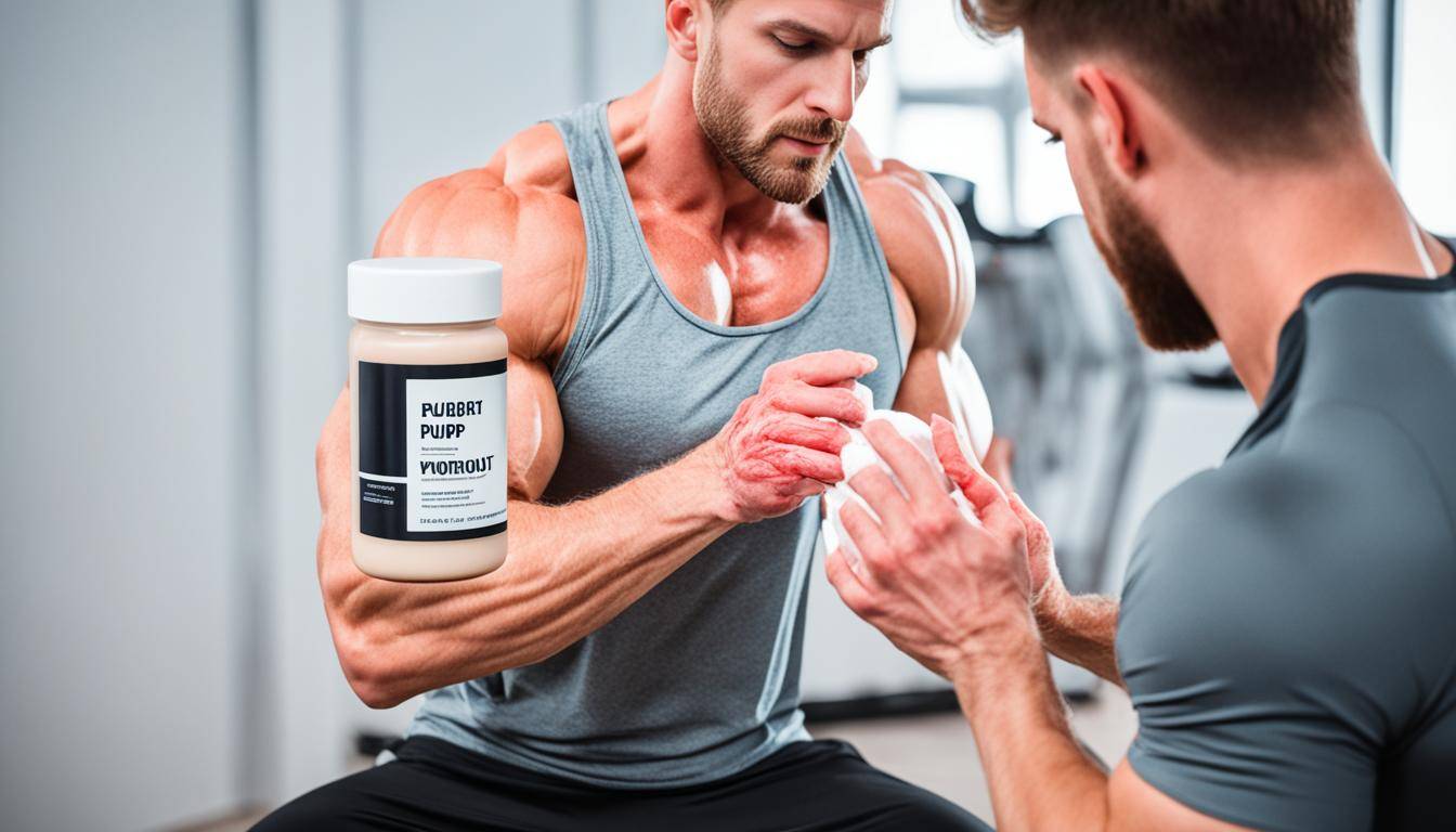 Person scratching their skin with redness and bumps, pre-workout container in the background highlighted for the ingredient causing the itch.