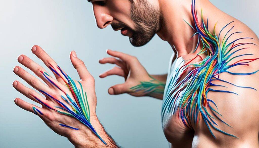 An image that visualizes the sensation of a beta-alanine itch. The image has abstract shapes and vibrant colors to convey the tingling, prickly feeling on the skin, as if tiny bugs are crawling on it. Showing the itch spreading across a person's body from their fingertips to their neck, with lines or waves representing the nerve response. 