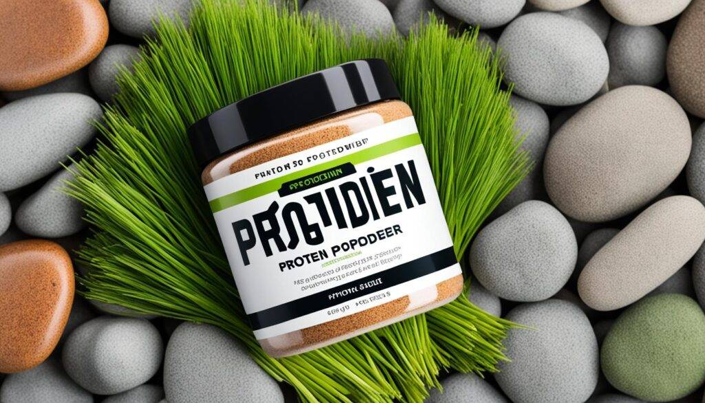 Protein powder container on a pile of rocks with a vibrant wheatgrass leaf growing beside it, symbolizing strength and natural health benefits.