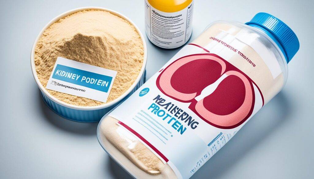 Healthy kidney with measuring tape around it, cautionary display of protein powder with warning symbols.