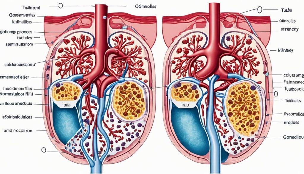 Diagram of a kidney cross-section showing the flow of blood through an artery into the nephron, with the glomerulus filtering waste and excess fluids into tubules, and the filtered blood exiting through a vein.