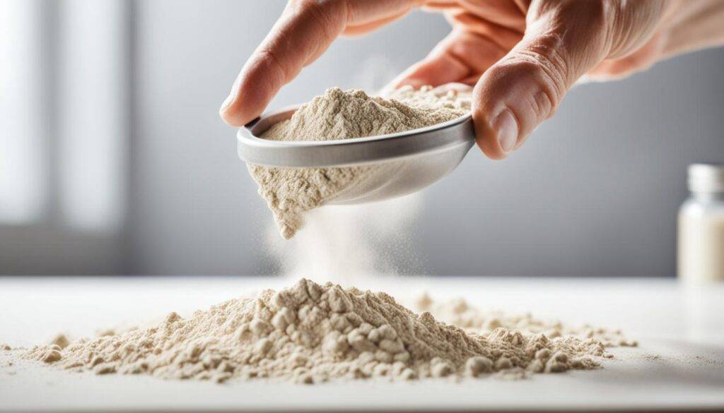 Hand scooping protein powder, powder clouding around with a determined look, gym environment in the background.