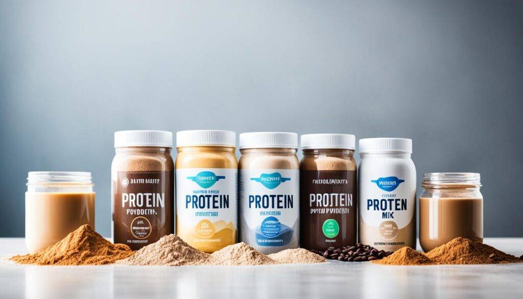 A steaming cup of coffee surrounded by various containers of protein powder, highlighting the different flavors and types available. A spoon is present, ready to mix the protein powder into the coffee for a tasty and energizing drink.