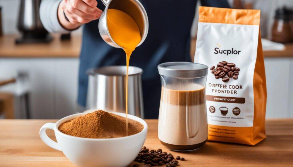 A cup of steaming coffee with a scoop of protein powder on a wooden table. A hand reaches in to stir the powder into the coffee with a spoon. The steam rises from the cup as the powder dissolves. In the background, a bag of protein powder and a coffee pot can be seen. The color scheme is warm and inviting, with browns, oranges, and yellows dominating the image.