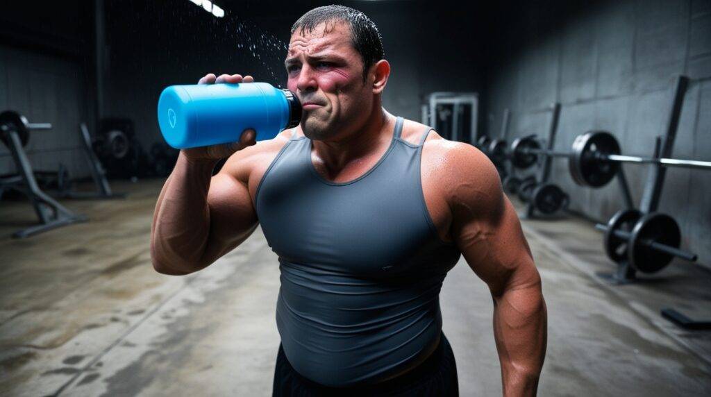 A bloated muscular man drinking creatine from a blue water bottle in a gym