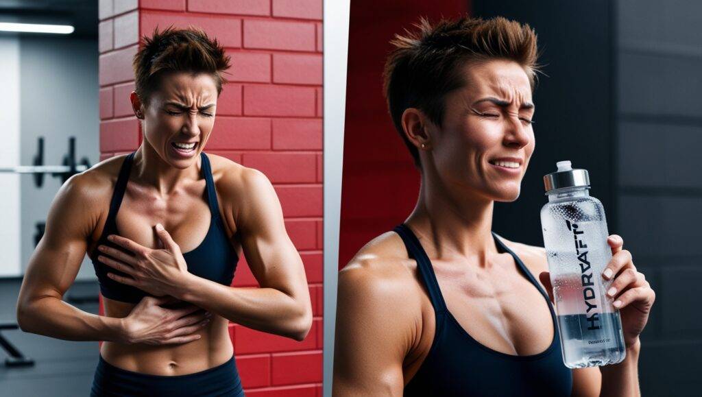An image of a person experiencing nausea versus staying hydrated and feeling better after taking the proper dosage of creatine.