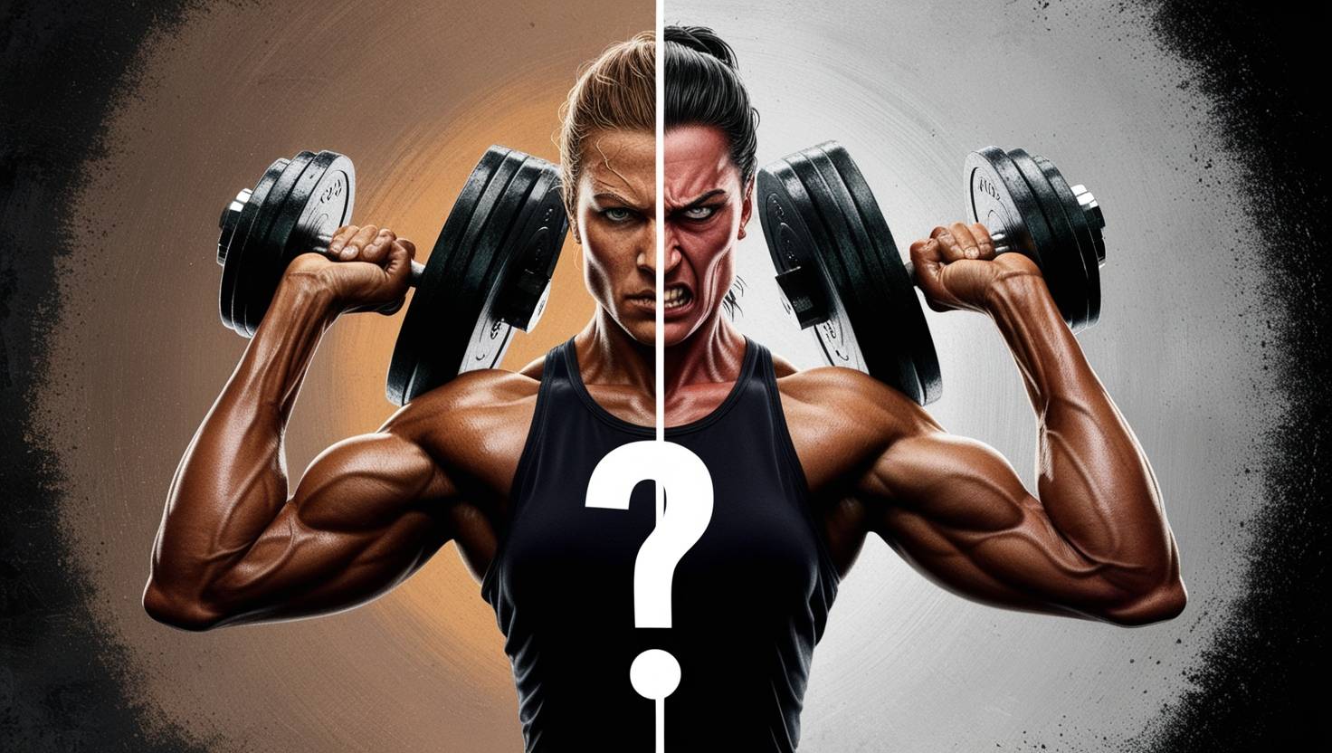 A split image showing a muscular athlete lifting weights on one side and looking angry or aggressive on the other, with a question mark between them.