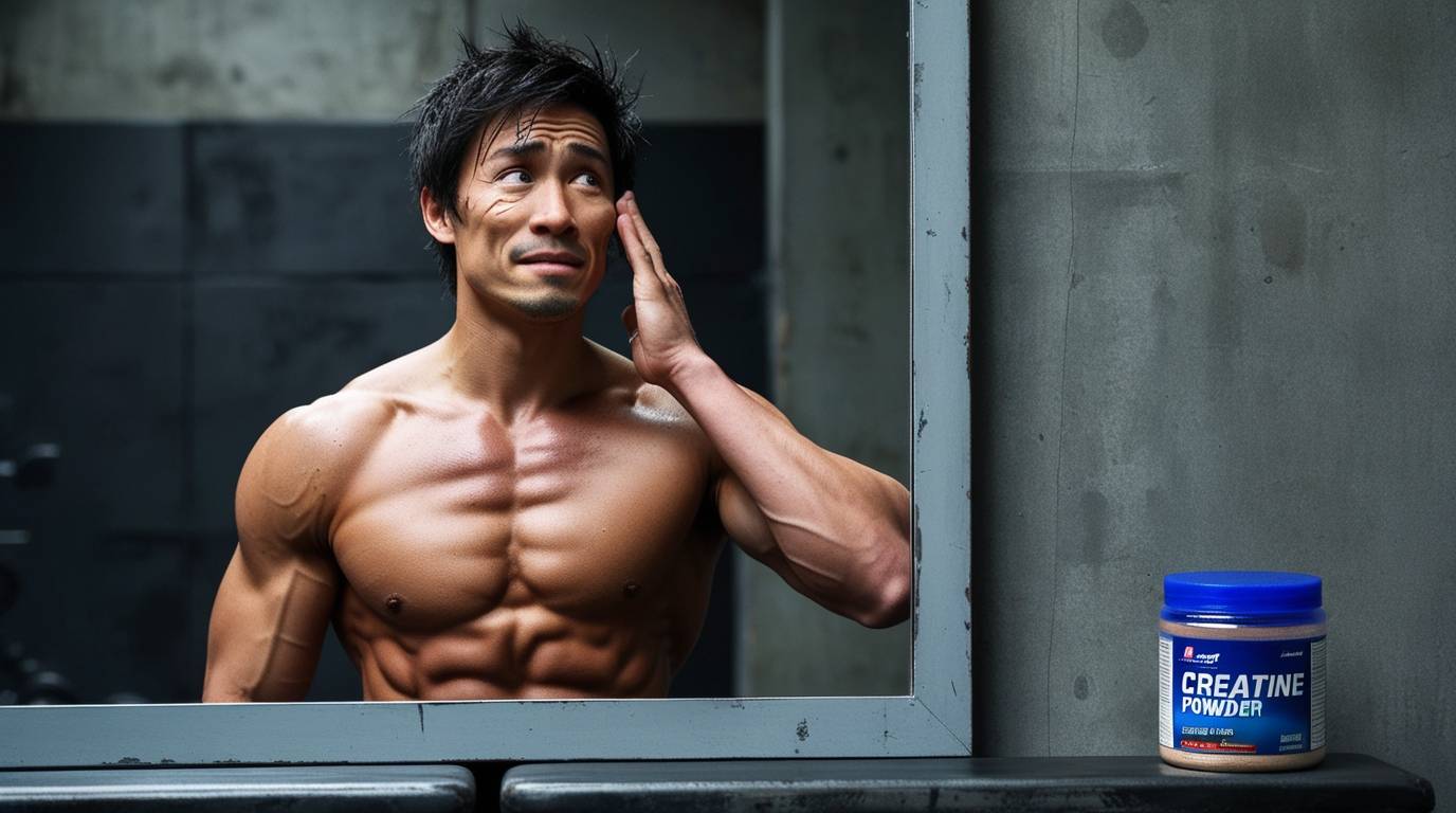 Athlete examining face bloating in gym mirror next to a creatine container