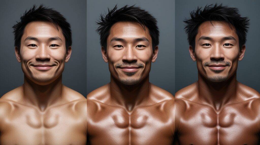 Sequence of gym selfies showing person's changing appearance over time.