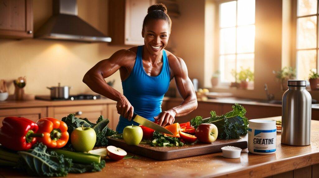 Athlete preparing healthy .meal in kitchen with creatine and water nearby