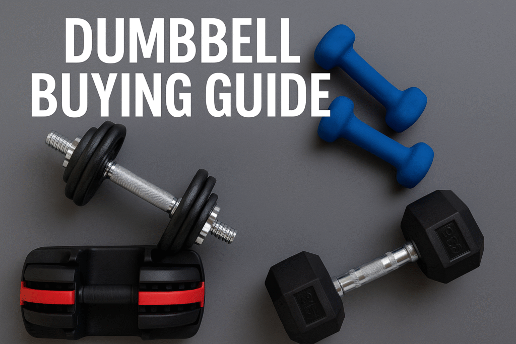 Flat-lay of four dumbbell types on a gray background with bold “DUMBBELL BUYING GUIDE” text overlay