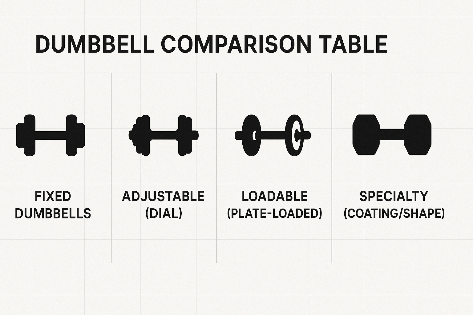 Infographic comparison table of four dumbbell types—fixed, adjustable, plate‑loaded, and specialty—arranged in labeled columns
