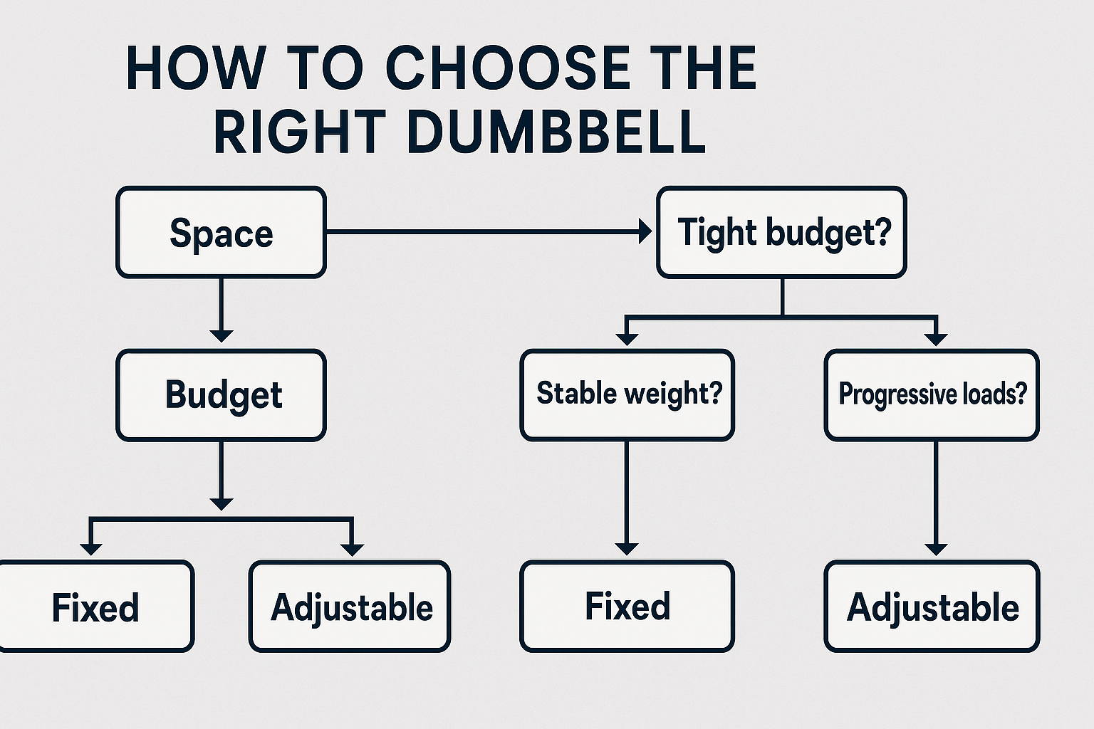 Flowchart infographic titled “How to Choose the Right Dumbbell” showing decision points for space, budget, and fitness goals, leading to fixed or adjustable options